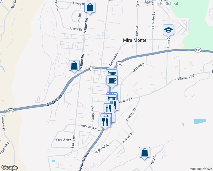 map of restaurants, bars, coffee shops, grocery stores, and more near 122 Don Felipe in Ojai