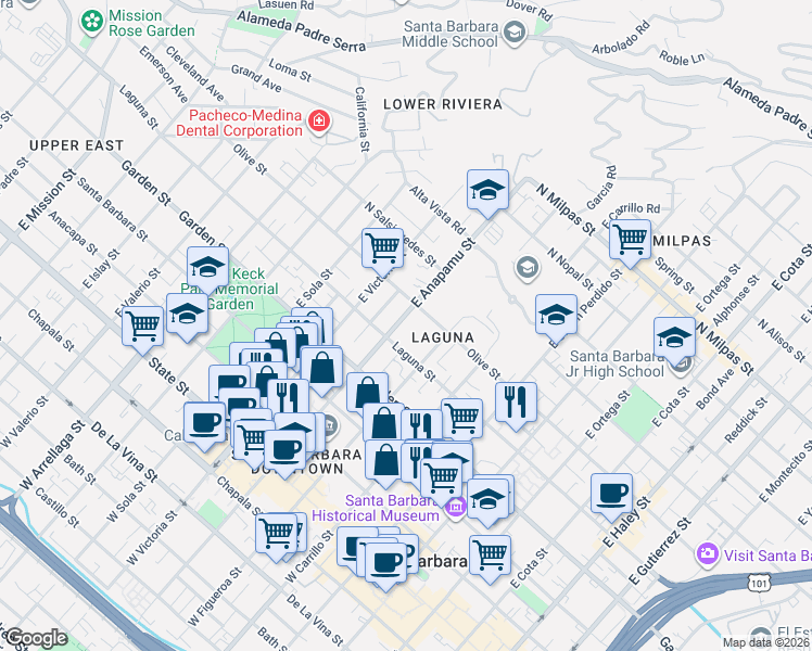 map of restaurants, bars, coffee shops, grocery stores, and more near 1119 Olive Street in Santa Barbara