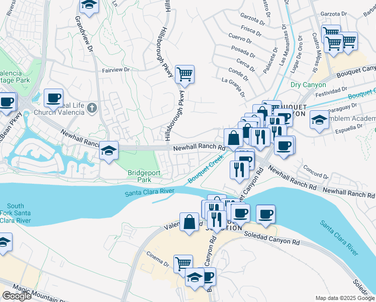 map of restaurants, bars, coffee shops, grocery stores, and more near 23321 Beachcomber Lane in Santa Clarita