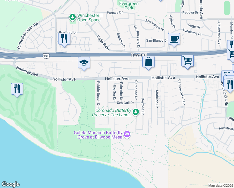 map of restaurants, bars, coffee shops, grocery stores, and more near 268 Big Sur Drive in Goleta