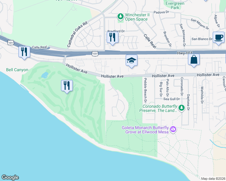 map of restaurants, bars, coffee shops, grocery stores, and more near 7779 Goldfield Court in Goleta
