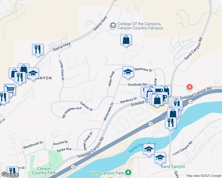 map of restaurants, bars, coffee shops, grocery stores, and more near 28434 Alder Peak in Santa Clarita