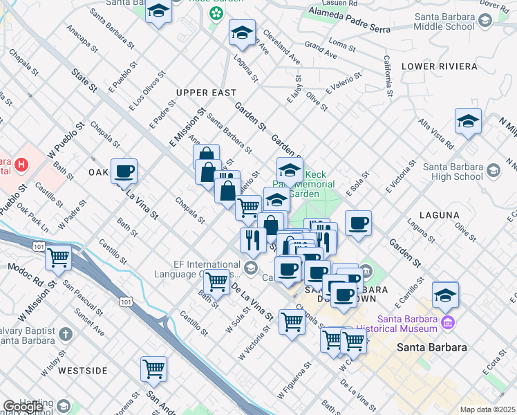 map of restaurants, bars, coffee shops, grocery stores, and more near 25 E Arrellaga St in Santa Barbara