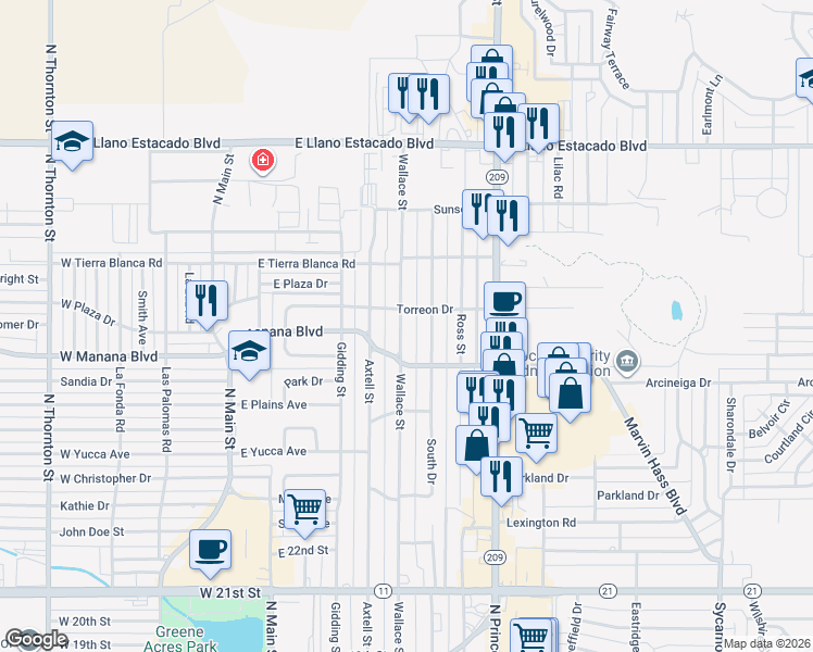 map of restaurants, bars, coffee shops, grocery stores, and more near 2905 Wallace Street in Clovis