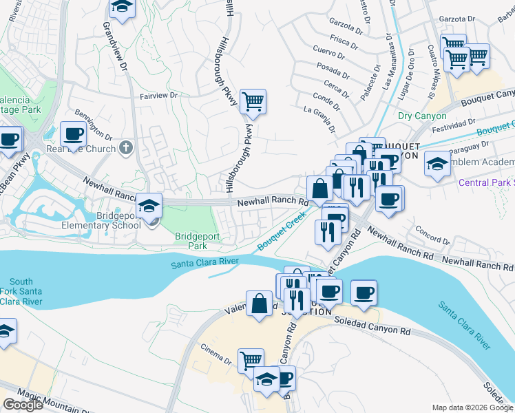 map of restaurants, bars, coffee shops, grocery stores, and more near 23321 Beachcomber Lane in Santa Clarita