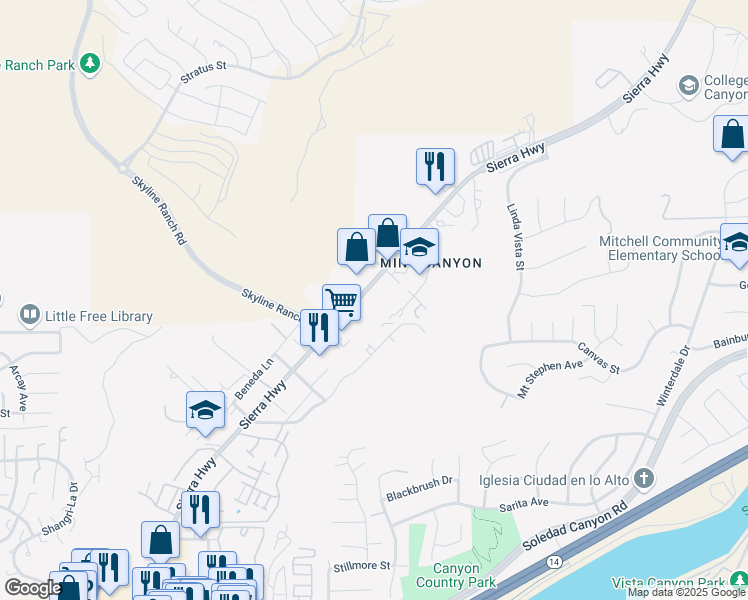 map of restaurants, bars, coffee shops, grocery stores, and more near 17734 Sierra Highway in Santa Clarita