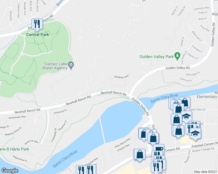 map of restaurants, bars, coffee shops, grocery stores, and more near 22110 Barrington Way in Santa Clarita