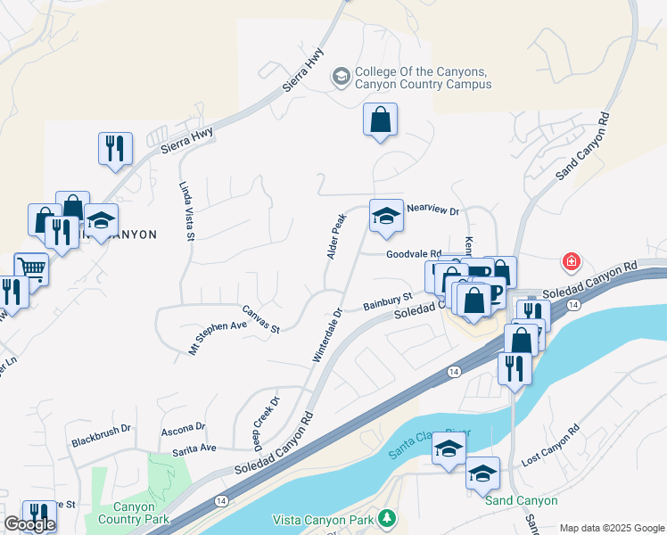 map of restaurants, bars, coffee shops, grocery stores, and more near 28434 Alder Peak in Santa Clarita