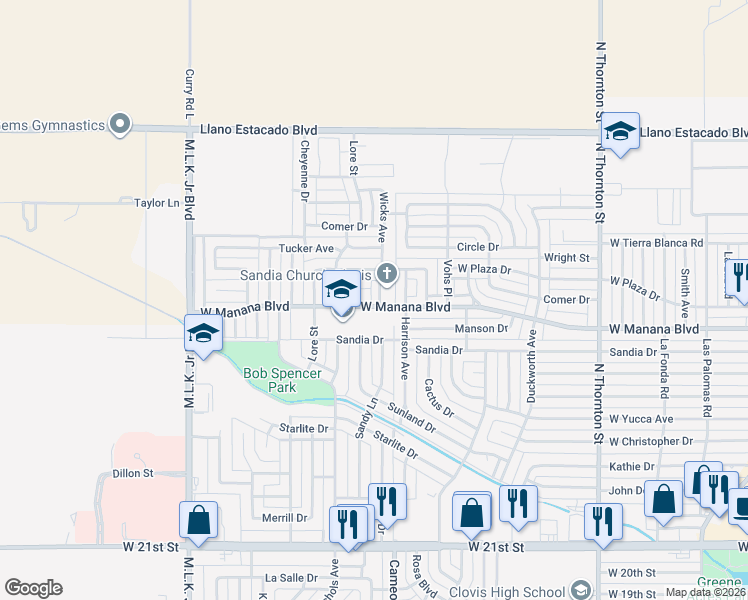 map of restaurants, bars, coffee shops, grocery stores, and more near 1200 West Manana Boulevard in Clovis