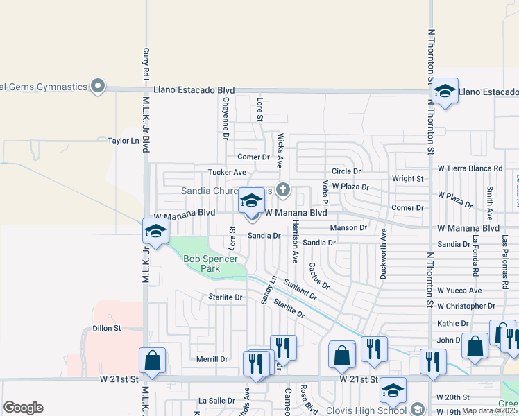 map of restaurants, bars, coffee shops, grocery stores, and more near 1200 West Manana Boulevard in Clovis