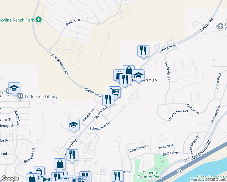 map of restaurants, bars, coffee shops, grocery stores, and more near 28315 Hillfield Lane in Santa Clarita