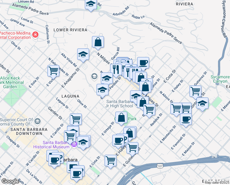 map of restaurants, bars, coffee shops, grocery stores, and more near 730 E Canon Perdido St in Santa Barbara