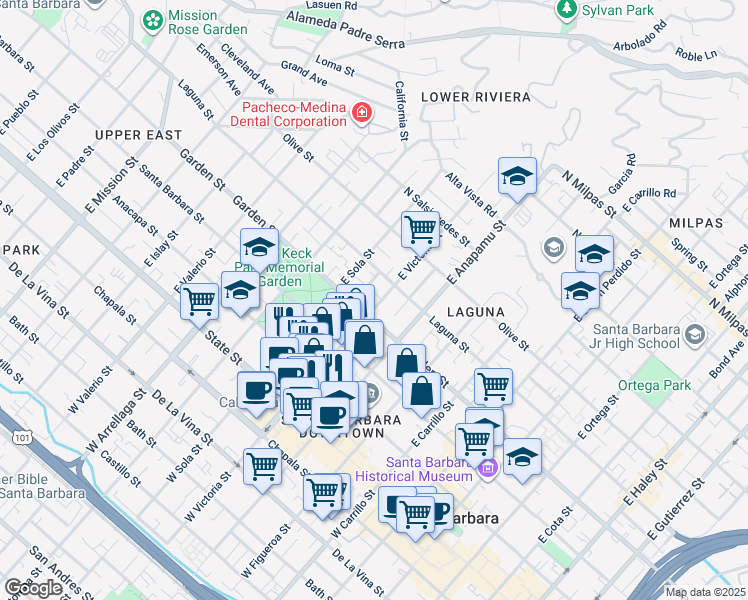 map of restaurants, bars, coffee shops, grocery stores, and more near 322 East Victoria Street in Santa Barbara