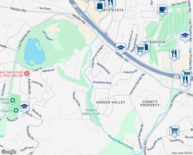 map of restaurants, bars, coffee shops, grocery stores, and more near 785 Casiano Drive in Santa Barbara