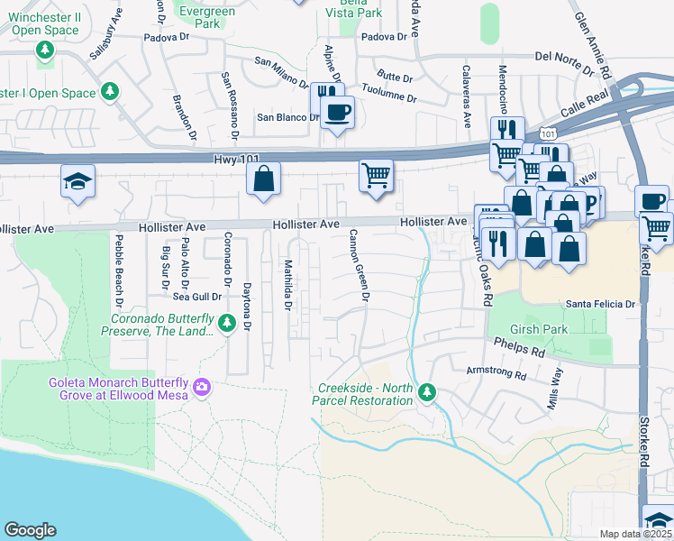 map of restaurants, bars, coffee shops, grocery stores, and more near 7384 Elmhurst Place in Goleta