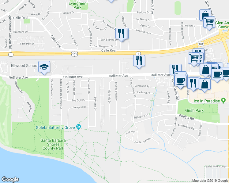 map of restaurants, bars, coffee shops, grocery stores, and more near 271 Ellwood Beach Drive in Goleta