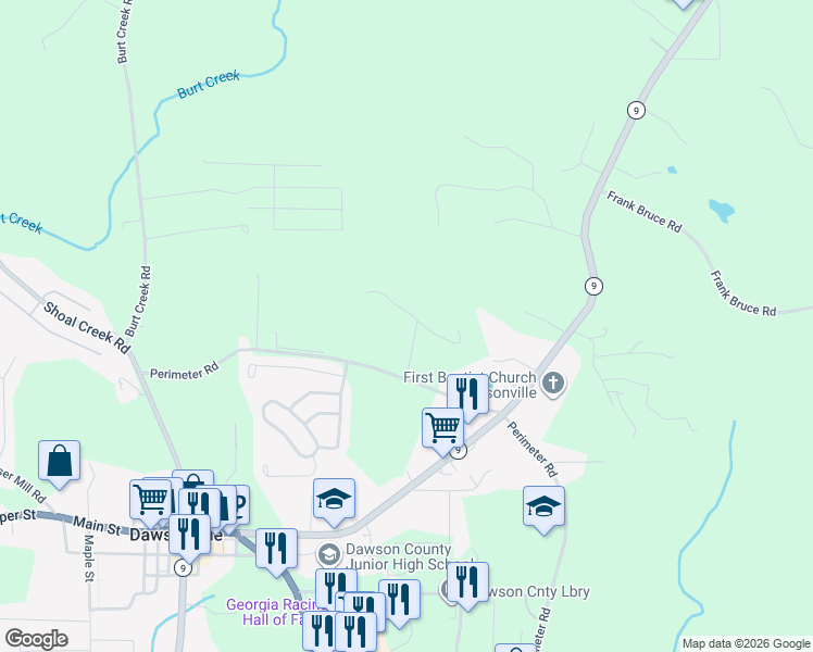map of restaurants, bars, coffee shops, grocery stores, and more near 15 Vickie Drive West in Dawsonville