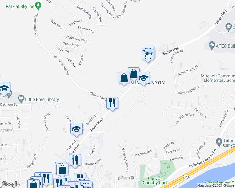 map of restaurants, bars, coffee shops, grocery stores, and more near 28315 Hillfield Lane in Santa Clarita
