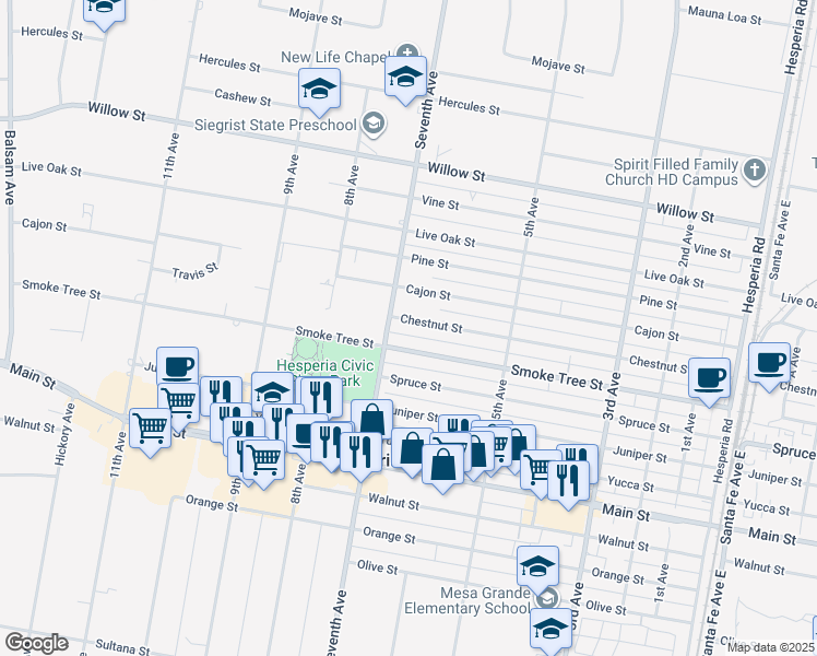 map of restaurants, bars, coffee shops, grocery stores, and more near 16003 Chestnut Street in Hesperia