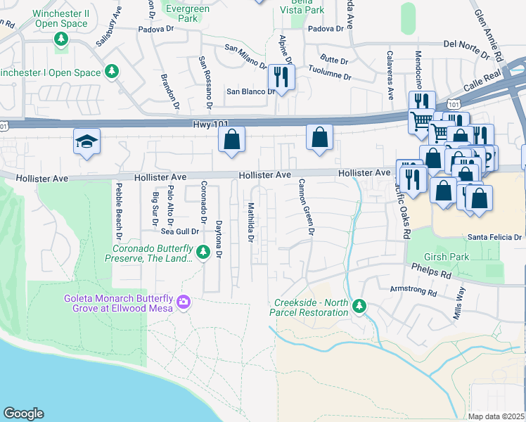 map of restaurants, bars, coffee shops, grocery stores, and more near 271 Ellwood Beach Drive in Goleta