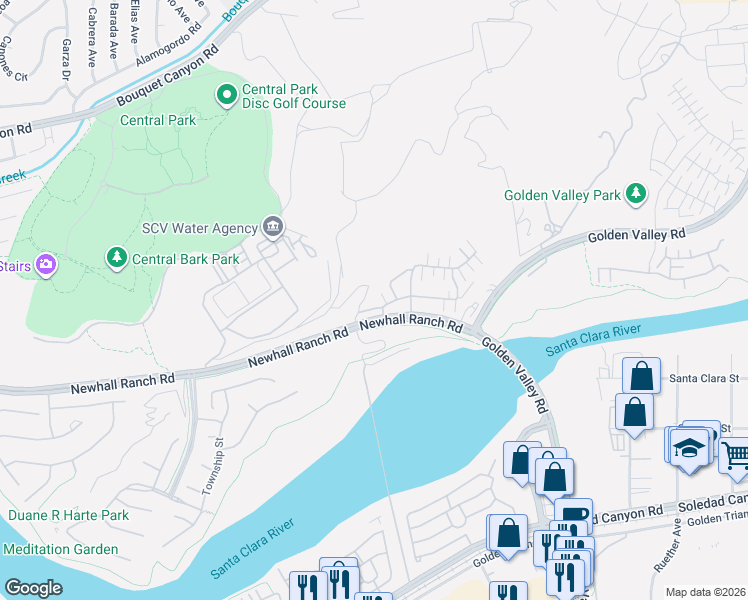 map of restaurants, bars, coffee shops, grocery stores, and more near 22157 Barrington Way in Santa Clarita