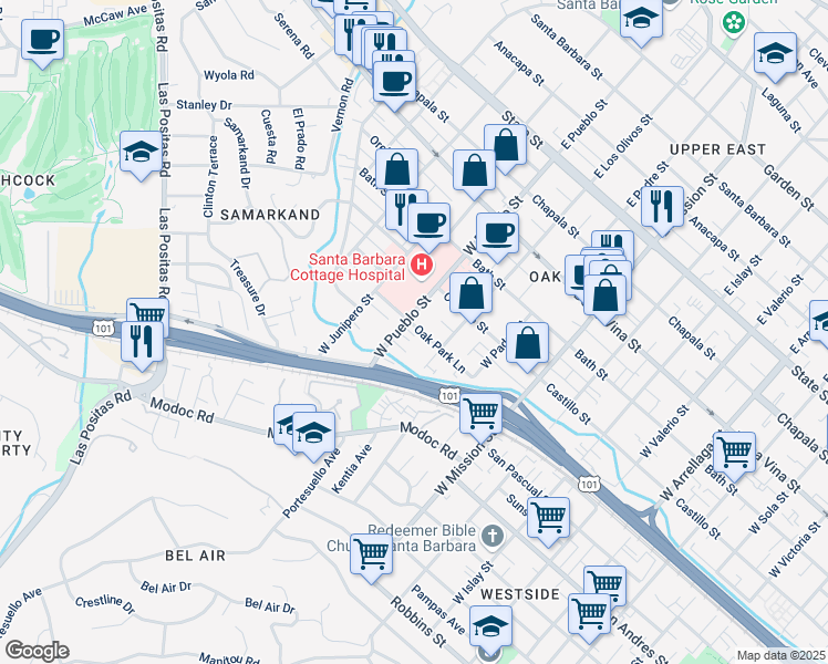 map of restaurants, bars, coffee shops, grocery stores, and more near 2227 Oak Park Lane in Santa Barbara