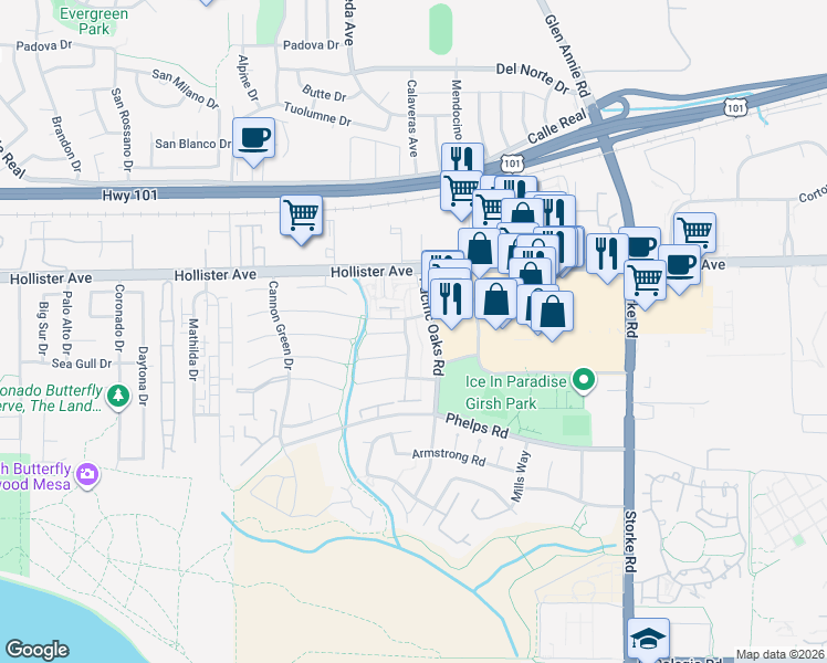 map of restaurants, bars, coffee shops, grocery stores, and more near 312 La Salle Road in Goleta