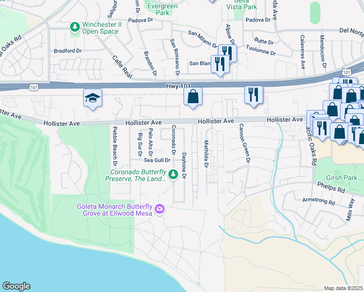 map of restaurants, bars, coffee shops, grocery stores, and more near 267 Daytona Drive in Goleta