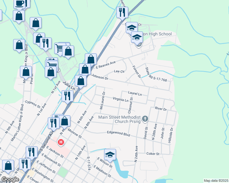 map of restaurants, bars, coffee shops, grocery stores, and more near 616 Lennon Court in Dillon