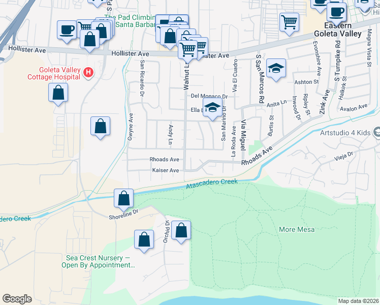 map of restaurants, bars, coffee shops, grocery stores, and more near 5095 San Vicente Drive in Santa Barbara