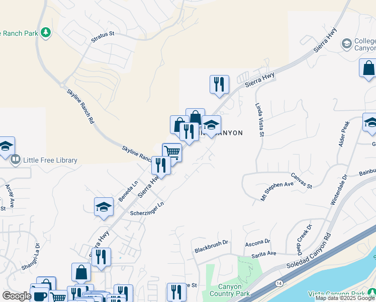 map of restaurants, bars, coffee shops, grocery stores, and more near 17734 Sierra Highway in Santa Clarita