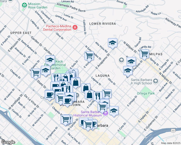 map of restaurants, bars, coffee shops, grocery stores, and more near 409 East Anapamu Street in Santa Barbara
