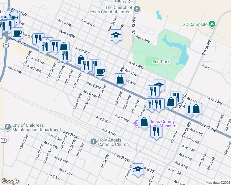 map of restaurants, bars, coffee shops, grocery stores, and more near 501-599 6th Street Northwest in Childress
