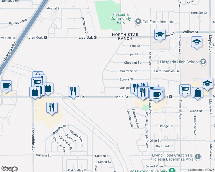 map of restaurants, bars, coffee shops, grocery stores, and more near 9735 Pyrite Avenue in Hesperia