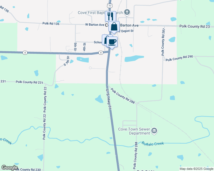 map of restaurants, bars, coffee shops, grocery stores, and more near 5666 U.S. 59 in Cove