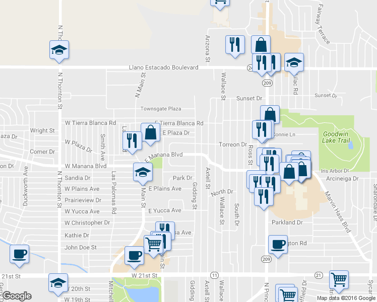 map of restaurants, bars, coffee shops, grocery stores, and more near 128 East Manana Boulevard in Clovis