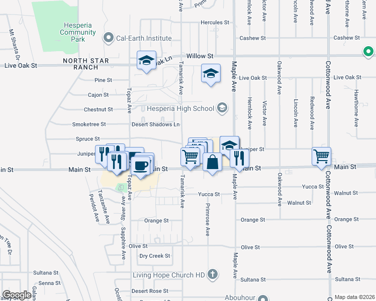 map of restaurants, bars, coffee shops, grocery stores, and more near 9777 Tamarisk Avenue in Hesperia