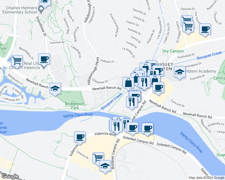 map of restaurants, bars, coffee shops, grocery stores, and more near 23229 Beachcomber Lane in Santa Clarita