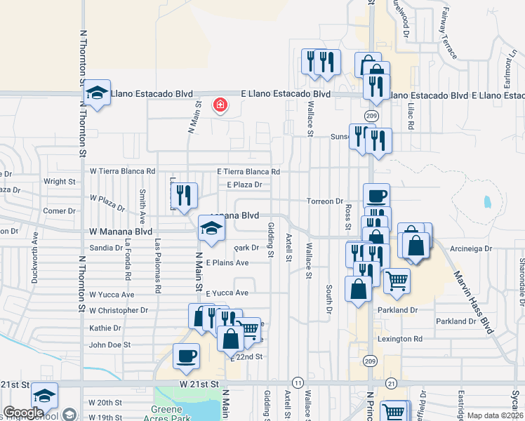 map of restaurants, bars, coffee shops, grocery stores, and more near 128 East Manana Boulevard in Clovis