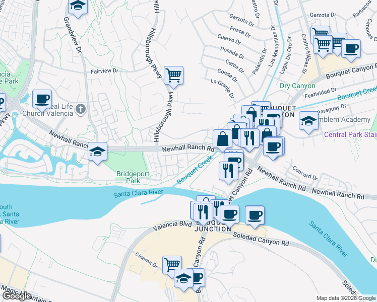 map of restaurants, bars, coffee shops, grocery stores, and more near 23249 Beachcomber Lane in Santa Clarita