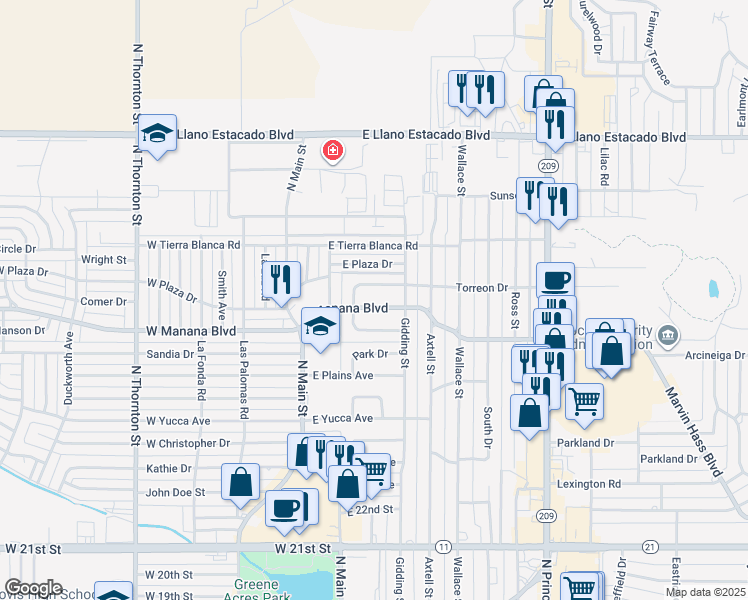 map of restaurants, bars, coffee shops, grocery stores, and more near 112 East Manana Boulevard in Clovis