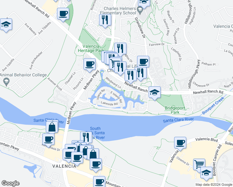 map of restaurants, bars, coffee shops, grocery stores, and more near 27020 Island Road in Santa Clarita