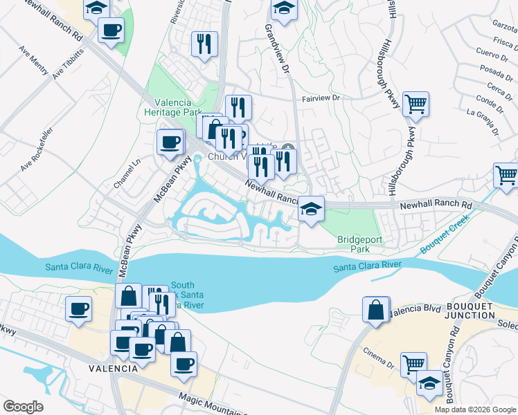 map of restaurants, bars, coffee shops, grocery stores, and more near 27104 Breakers Cove in Santa Clarita