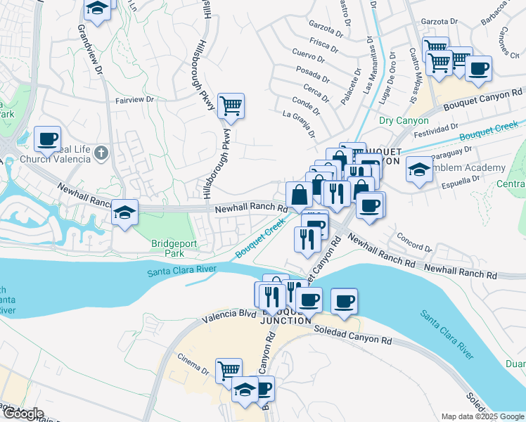 map of restaurants, bars, coffee shops, grocery stores, and more near 23229 Beachcomber Lane in Santa Clarita