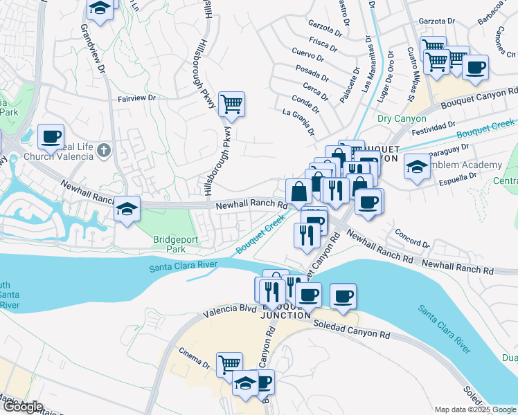 map of restaurants, bars, coffee shops, grocery stores, and more near 23225 Beachcomber Lane in Santa Clarita