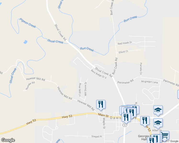 map of restaurants, bars, coffee shops, grocery stores, and more near 9 Bent Ridge Drive North in Dawsonville