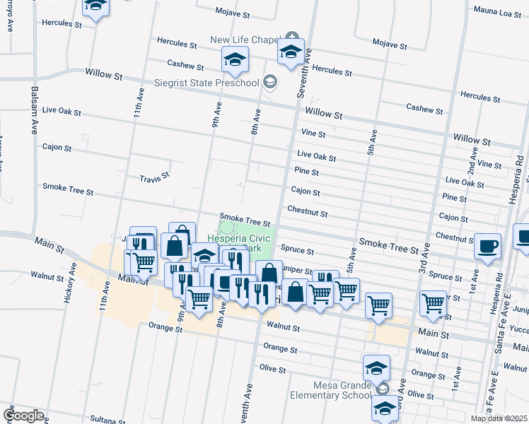 map of restaurants, bars, coffee shops, grocery stores, and more near 15900 Smoke Tree Street in Hesperia