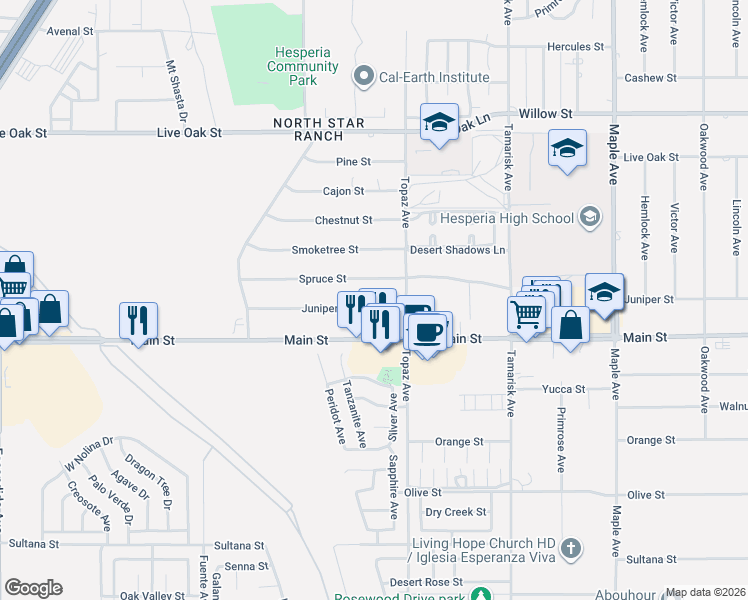 map of restaurants, bars, coffee shops, grocery stores, and more near 14030 Juniper Street in Hesperia