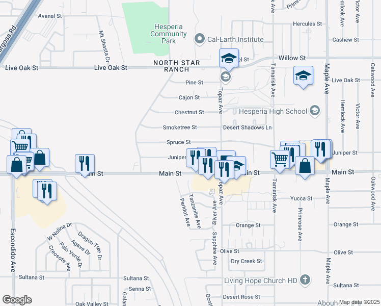 map of restaurants, bars, coffee shops, grocery stores, and more near 13950 Juniper Street in Hesperia