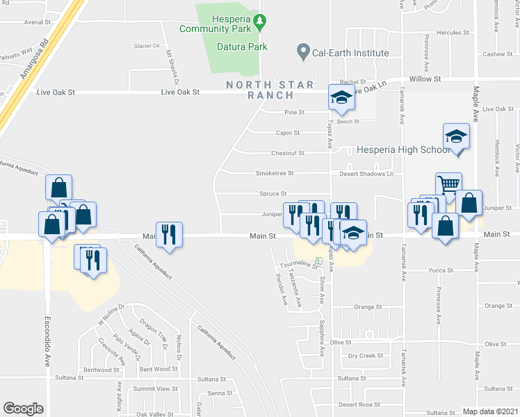 map of restaurants, bars, coffee shops, grocery stores, and more near 13880 Juniper Street in Hesperia